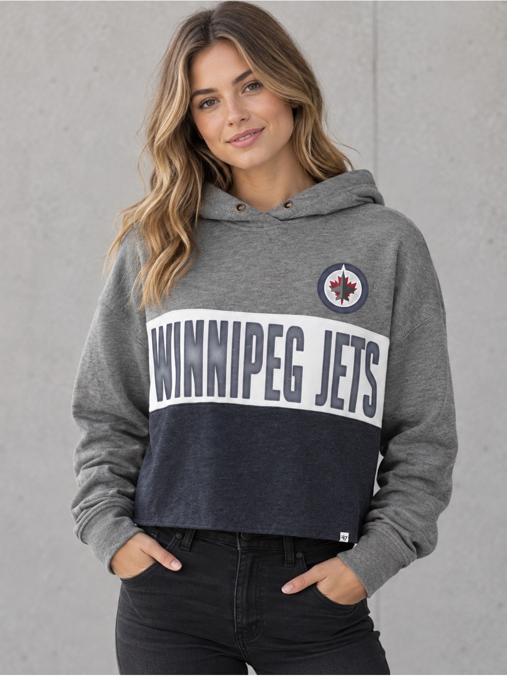 Winnipeg Jets ‘47 Heathered Gray/Heathered Navy Lizzy Cropped - Pullover Hoodie